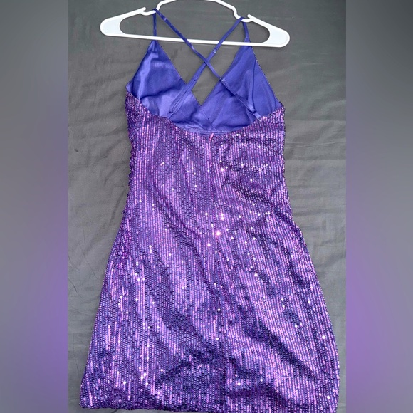 D&M Criss Cross Backless Ruched Side Wrap Hem Purple Sequins Dress, Size Small - Picture 5 of 7